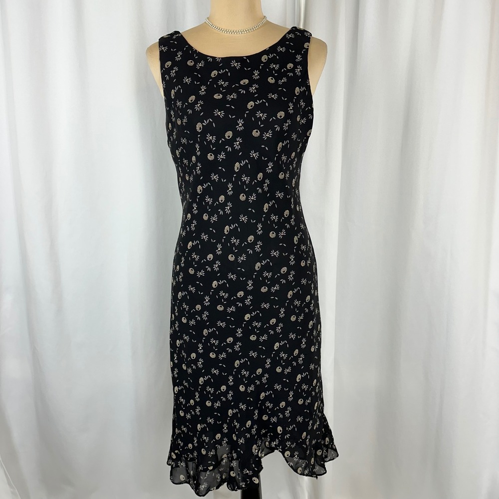 Donna Ricco Petite Size 12P Navy Floral Midi Dress Sleeveless Ruffle Hem - Picture 2 of 15